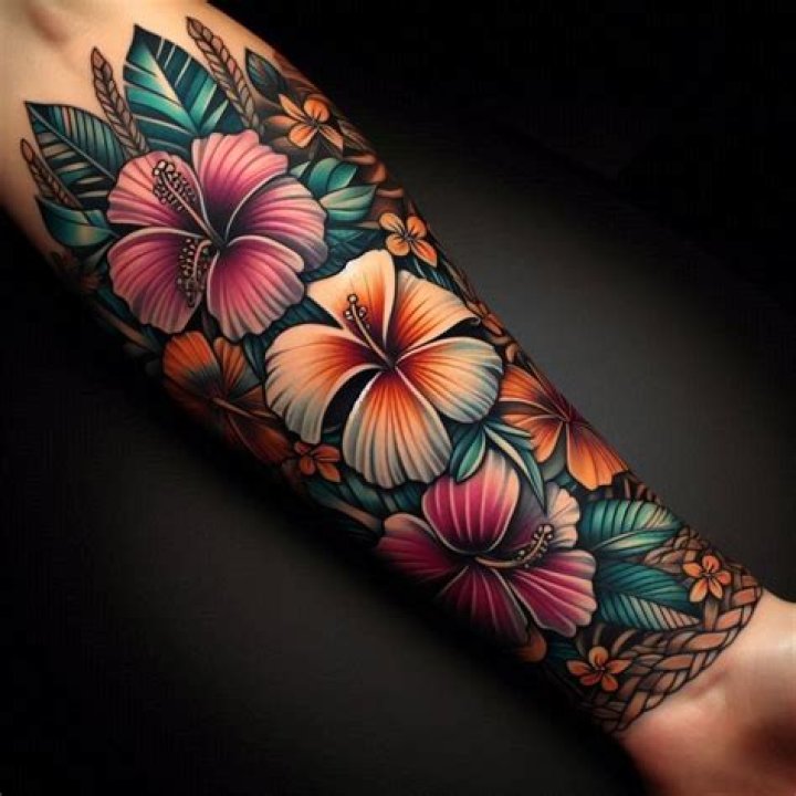 Colorful Tropical Flower Forearm Tattoo Ideas for Women Traditional